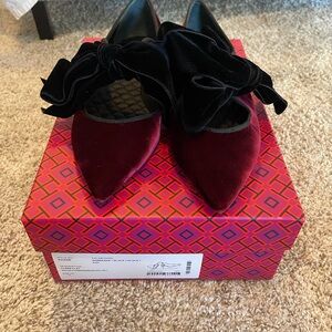 Tory Burch Velvet Flats with Black Bow